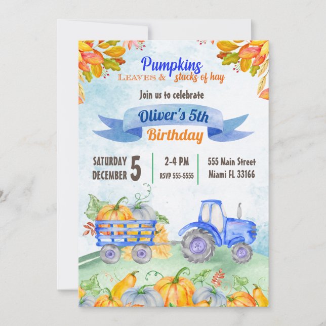 Invitación al cumpleaños del Tractor de calabaza a (Anverso)