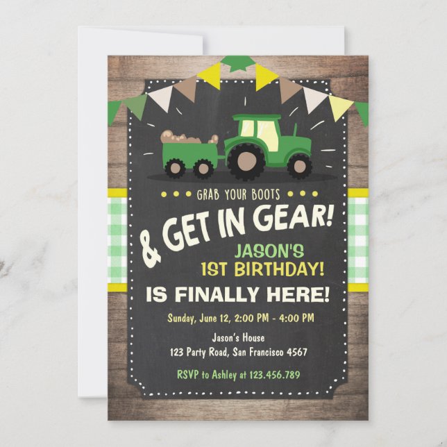 Invitación al cumpleaños del tractor Granja fiesta (Anverso)