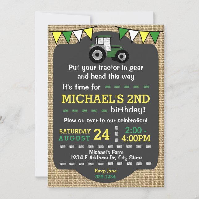 Invitación al cumpleaños del tractor, Tractor verd (Anverso)