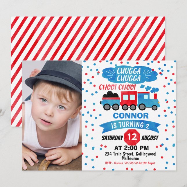 Invitación al cumpleaños del tren acuarela de foto (Anverso / Reverso)