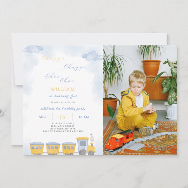 Invitación al cumpleaños del tren con foto (Anverso)