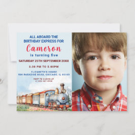 Invitación al cumpleaños del tren editable con fot