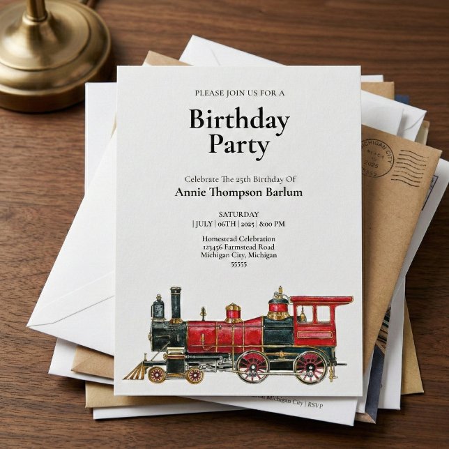 Invitación al cumpleaños del tren rojo vintage (Start your train birthday party right here.)
