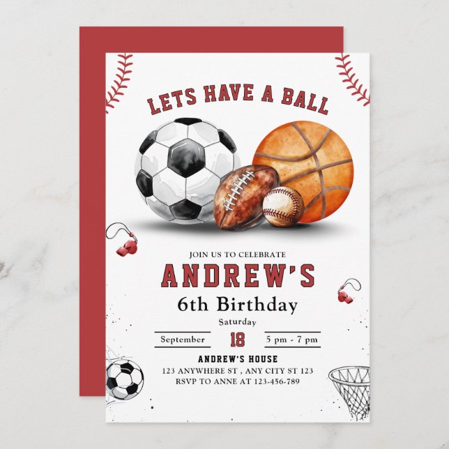 Invitación al cumpleaños deportivo, fútbol de balo (Anverso / Reverso)