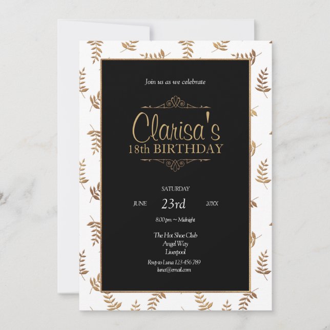 Invitación al cumpleaños dorado y negro (Anverso)