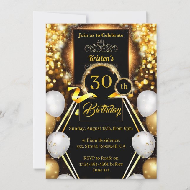 Invitación al cumpleaños dorado y negro (Anverso)