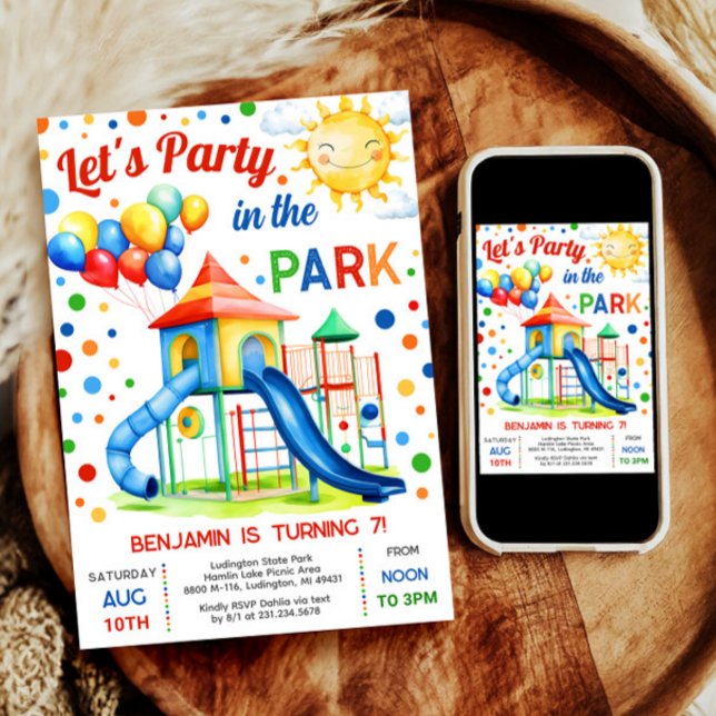 Invitación al cumpleaños en zona de juegos - Fiest (Celebrate with our Party in the Park invitation, perfect for a boy's outdoor playground birthday.)
