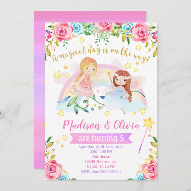 Invitación al cumpleaños/Fiesta de gemelos mixtos (Anverso / Reverso)