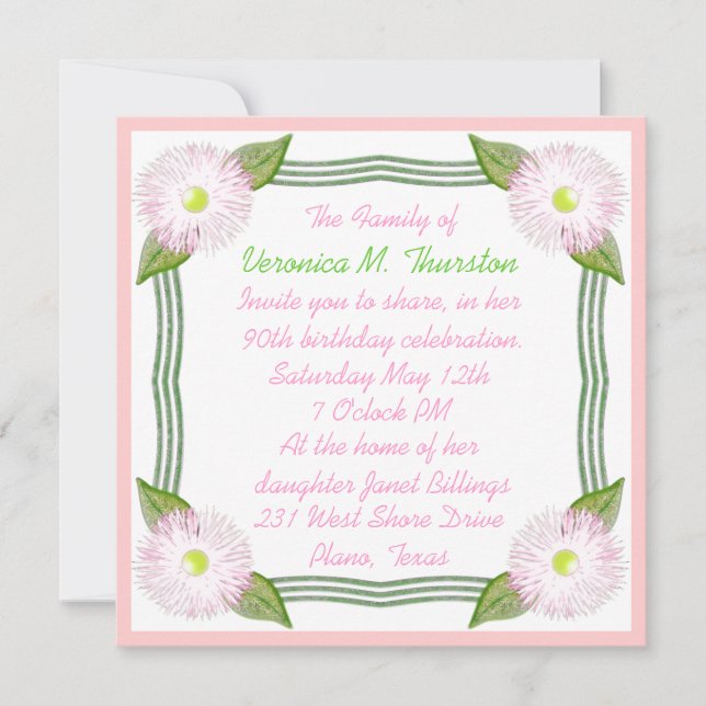 Invitación al cumpleaños floral verde y rosa de Bo (Anverso)