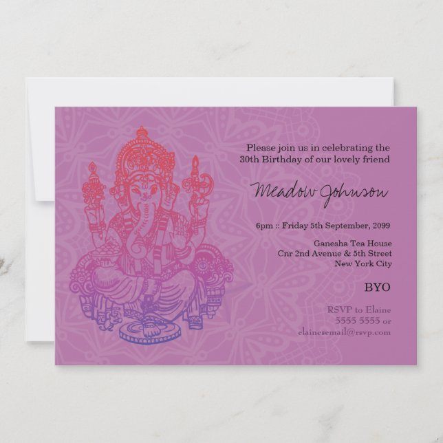 Invitación al cumpleaños Ganesh Púrpura Lilac (Anverso)