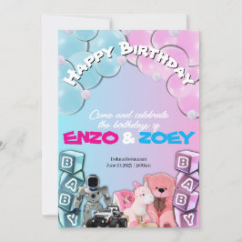 Invitación al cumpleaños gemelo bebe azul y rosa