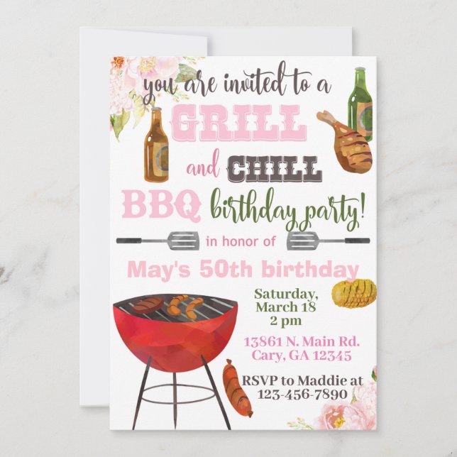 Invitación al cumpleaños Grill & Chill BBQ.  (Anverso)