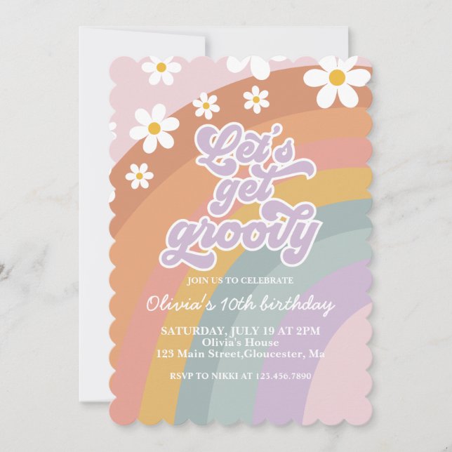Invitación al cumpleaños Groovy Retro Rainbow (Anverso)