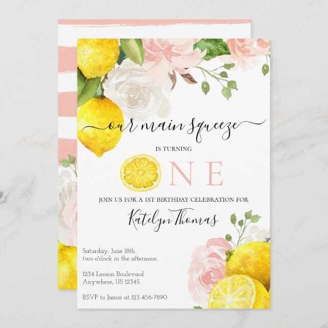 Invitación al cumpleaños limón con flores rosas (Anverso / Reverso)