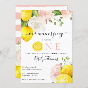 Invitación al cumpleaños limón con flores rosas