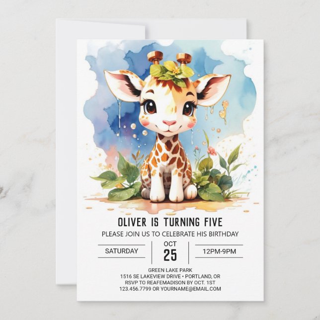 Invitación al cumpleaños mágico de Giraffe Safari (Anverso)