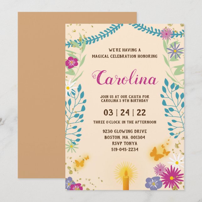 Invitación al cumpleaños mágico floral (Anverso / Reverso)
