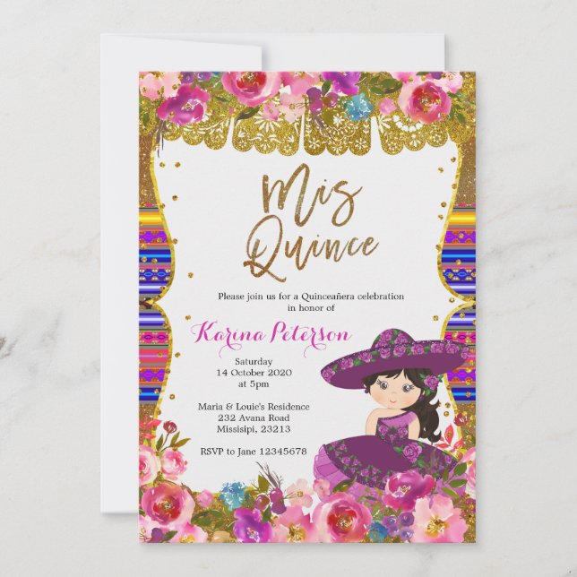 Invitación al cumpleaños mexicano Purple Mis Quinc (Anverso)