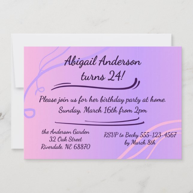 Invitación al cumpleaños moderno morado rosado (Anverso)
