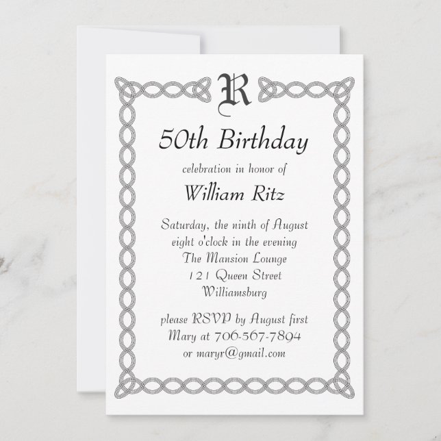 Invitación al cumpleaños monogramado blanco (Anverso)
