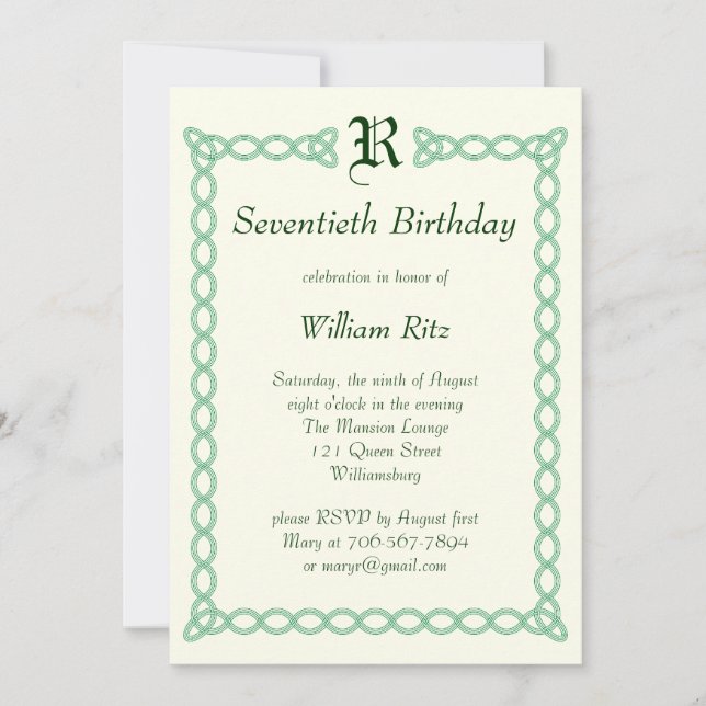 Invitación al cumpleaños monogramado verde (Anverso)
