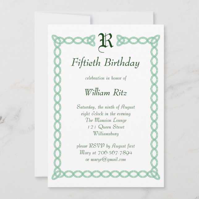 Invitación al cumpleaños monogramado verde (Anverso)
