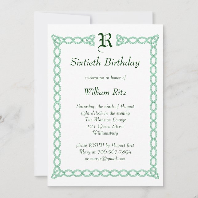 Invitación al cumpleaños monogramado verde (Anverso)