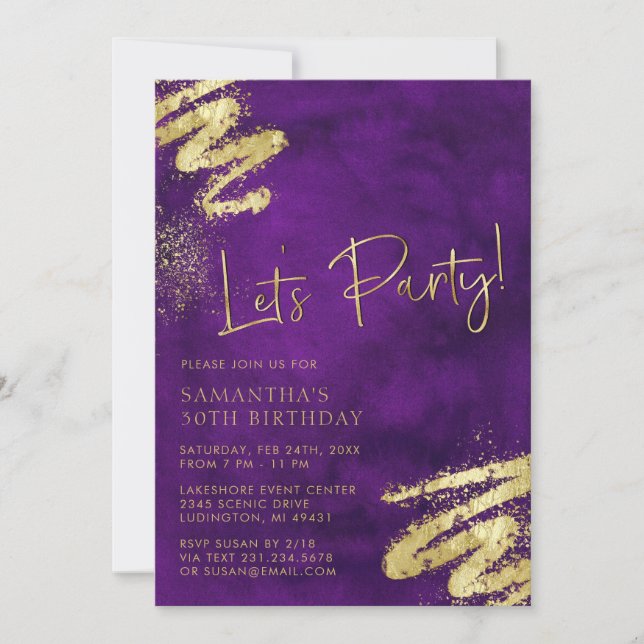 Invitación al cumpleaños morado y dorado (Anverso)