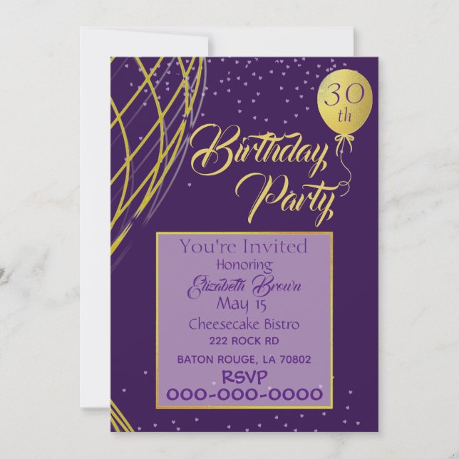 Invitación al cumpleaños morado y dorado (Anverso)