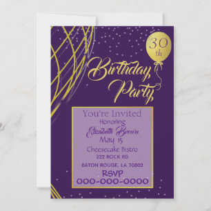 Invitación al cumpleaños morado y dorado