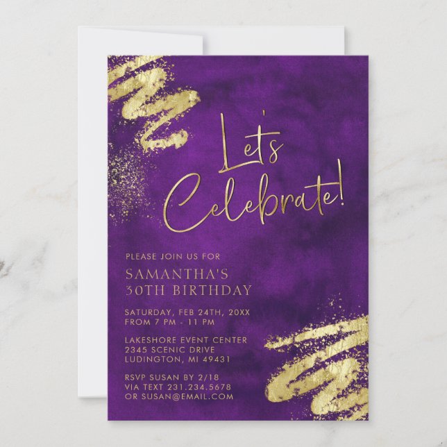 Invitación al cumpleaños morado y dorado (Anverso)
