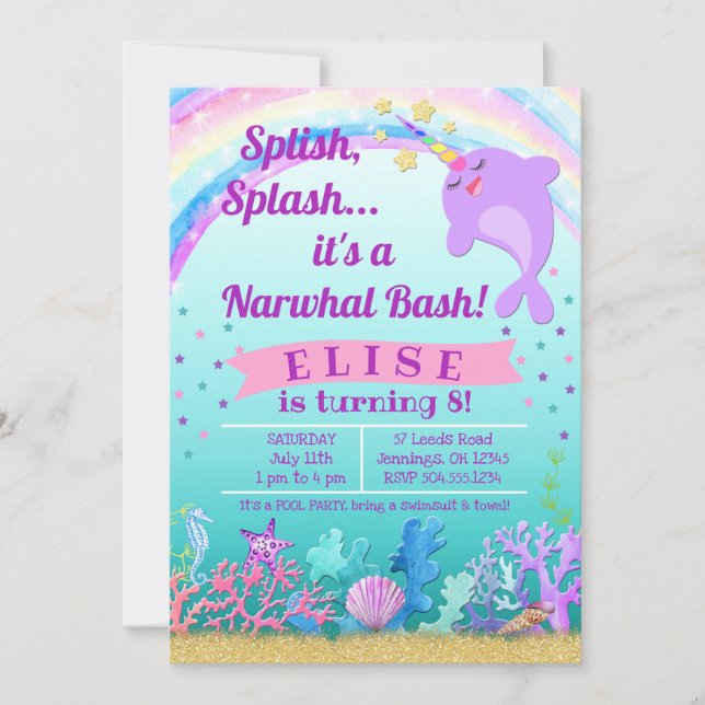 Invitación al cumpleaños Narwhal, Fiesta de la pis (Anverso)