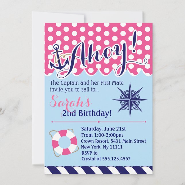 Invitación al cumpleaños náutico rosa y azul (Anverso)