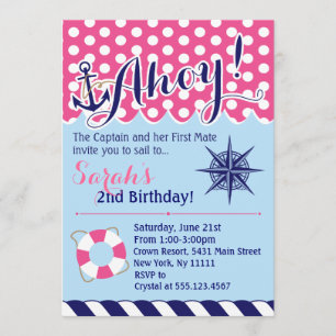 Invitación al cumpleaños náutico rosa y azul