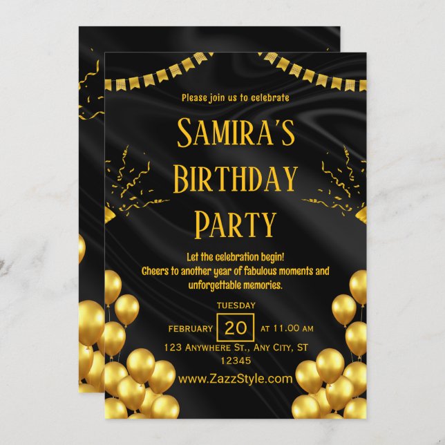 Invitación al cumpleaños negro y amarillo (Anverso / Reverso)