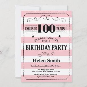 Invitación al cumpleaños número 100 con rayas rosa