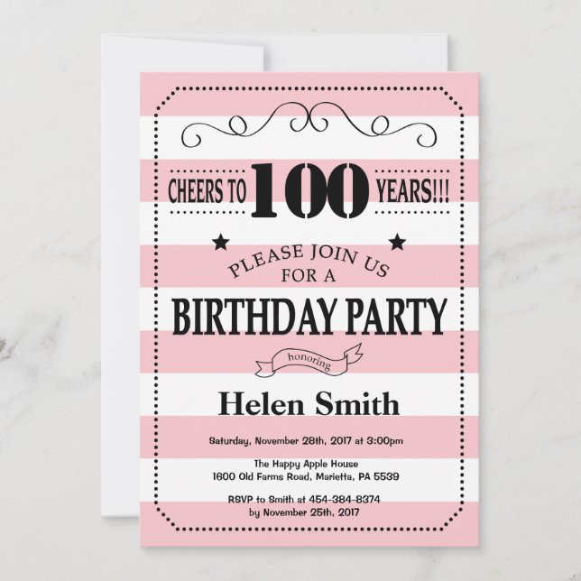 Invitación al cumpleaños número 100 con rayas rosa (Anverso)