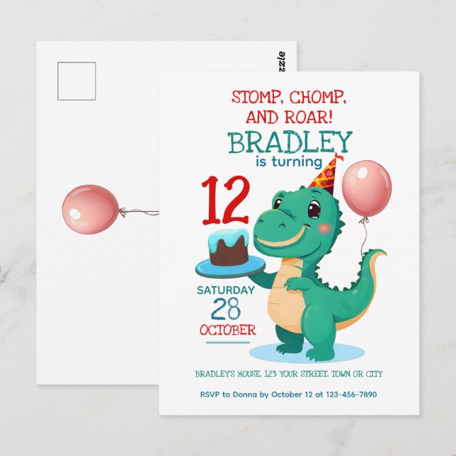 Invitación al cumpleaños número 12 de T Rex Dinosa (Anverso / Reverso)