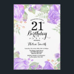 Invitación al cumpleaños número 21 a la floral púr<br><div class="desc">Invitación al cumpleaños número 21 de Botánico Morado. Invitación de cumpleaños para mujeres a los pueblos rosados florales. Flor floral acuarela. Elegantes flores rosas y peones. Cumpleaños de adultos. Fondo blanco.Blanco y negro. 13. 15. 16. 18. 20. 21. 30. 40. 50. 60. 70. 80. 90. 100. Cualquier edad. Para más...</div>