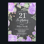 Invitación al cumpleaños número 21 a la floral púr<br><div class="desc">Invitación al cumpleaños número 21 de Botánico Morado. Invitación de cumpleaños para mujeres a los pueblos rosados florales. Flor floral acuarela. Elegantes flores rosas y peones. Cumpleaños de adultos. Fondo del tablero.Blanco y negro. 13. 15. 16. 18. 20. 21. 30. 40. 50. 60. 70. 80. 90. 100. Cualquier edad. Para...</div>