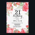 Invitación al cumpleaños número 21 de la Floral Ro<br><div class="desc">Invitación al cumpleaños número 21 de la Floral Roja Botánica. Invitación de cumpleaños para mujeres a los pueblos rosados florales. Flor floral acuarela. Elegantes flores rosas y peones. Cumpleaños de adultos. Fondo blanco.Blanco y negro. 13. 15. 16. 18. 20. 21. 30. 40. 50. 60. 70. 80. 90. 100. Cualquier edad....</div>