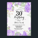 Invitación al cumpleaños número 30 de la Floral Pú<br><div class="desc">Invitación al cumpleaños número 30 de Botánico Morado. Invitación de cumpleaños para mujeres a los pueblos rosados florales. Flor floral acuarela. Elegantes flores rosas y peones. Cumpleaños de adultos. Fondo blanco.Blanco y negro. 13. 15. 16. 18. 20. 21. 30. 40. 50. 60. 70. 80. 90. 100. Cualquier edad. Para más...</div>