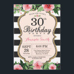 Invitación al cumpleaños número 30 mujeres. Negro<br><div class="desc">30° cumpleaños - Invitación para mujeres. Invitación a la fiesta de cumpleaños negro y oro.Brillantina dorada. Flor floral color agua rosa. Bandas blancas y negras. Digital Imprimible.
Para más personalización,  haga clic en el botón "Personalizar" y utilice nuestra herramienta de diseño para modificar esta plantilla.</div>