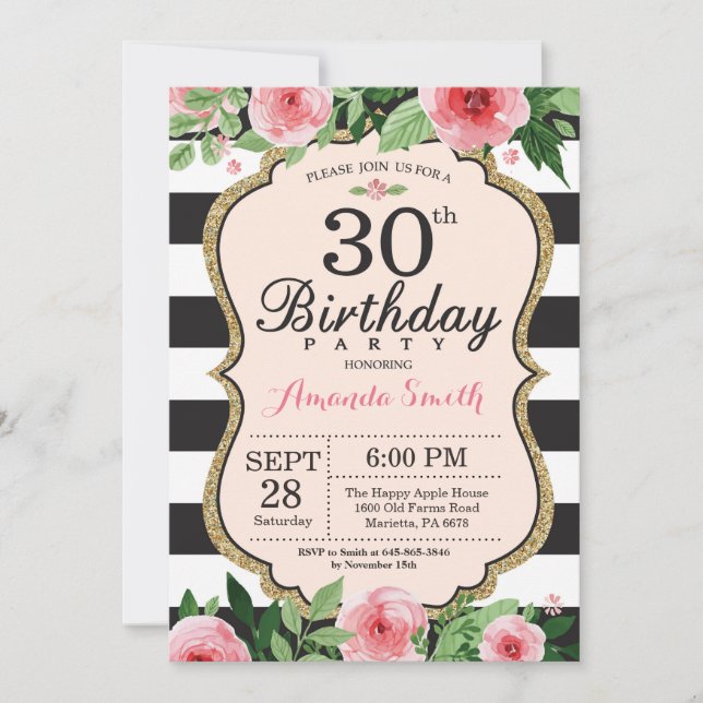 Invitación al cumpleaños número 30 mujeres. Negro  (Anverso)