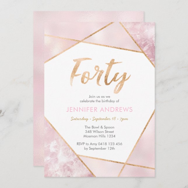 Invitación al cumpleaños número 40 Geo rosa y oro (Anverso / Reverso)