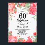 Invitación al cumpleaños número 60 de la Floral Ro<br><div class="desc">Invitación al cumpleaños número 60 de la Floral Roja Botánica. Invitación de cumpleaños para mujeres a los pueblos rosados florales. Flor floral acuarela. Elegantes flores rosas y peones. Cumpleaños de adultos. Fondo blanco.Blanco y negro. 13. 15. 16. 18. 20. 21. 30. 40. 50. 60. 70. 80. 90. 100. Cualquier edad....</div>