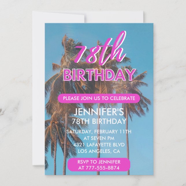 invitación al cumpleaños número 78 Summer Pink Pal (Anverso)