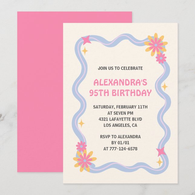 invitación al cumpleaños número 95 Flores rosadas  (Anverso / Reverso)