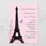 Invitación al cumpleaños parisino (rosa)<br><div class="desc">Una alta,  elegante y señorial Torre Eiffel y una elegante escritura francesa decoran esta invitación de inspiración parisina. Esta invitación figura en el documento básico; sin embargo,  recomiendo el peso y la textura del papel de lino.</div>