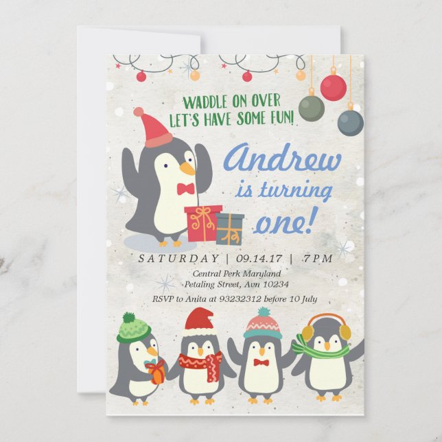 Invitación al cumpleaños penguín de invierno (Anverso)